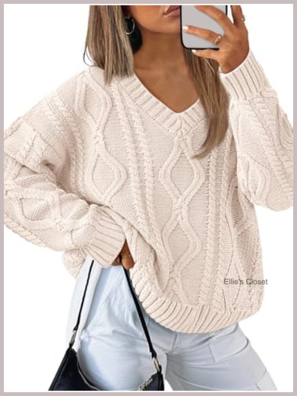 V Neck Cable Knit Oversized Sweater Pullover Cotton Blend